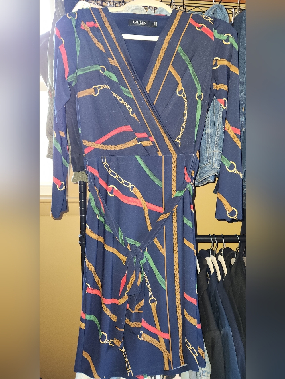 Ralph Lauren Navy Wrap Dress with Multicolor Chain Print